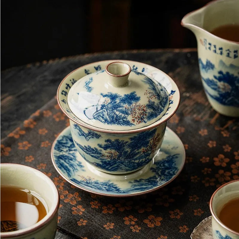 Jindezhen Gu Ru Ice Crackle Ceramic Tea Set [Jiangshan Keran] - YIQIN TEA HOUSE | yiqinteahouse.com | ceramic teapot, fair cup, gaiwan, jiangshan keran, strainer, tea cup, teaware, teaware set