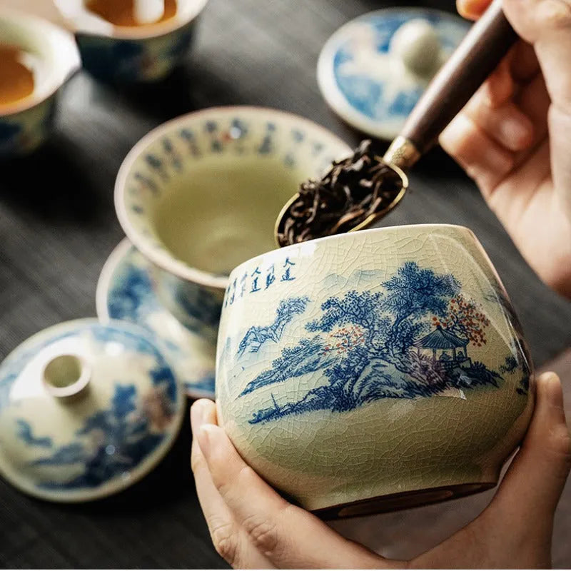 Jindezhen Gu Ru Ice Crackle Ceramic Tea Set [Jiangshan Keran] - YIQIN TEA HOUSE | yiqinteahouse.com | ceramic teapot, fair cup, gaiwan, jiangshan keran, strainer, tea cup, teaware, teaware set