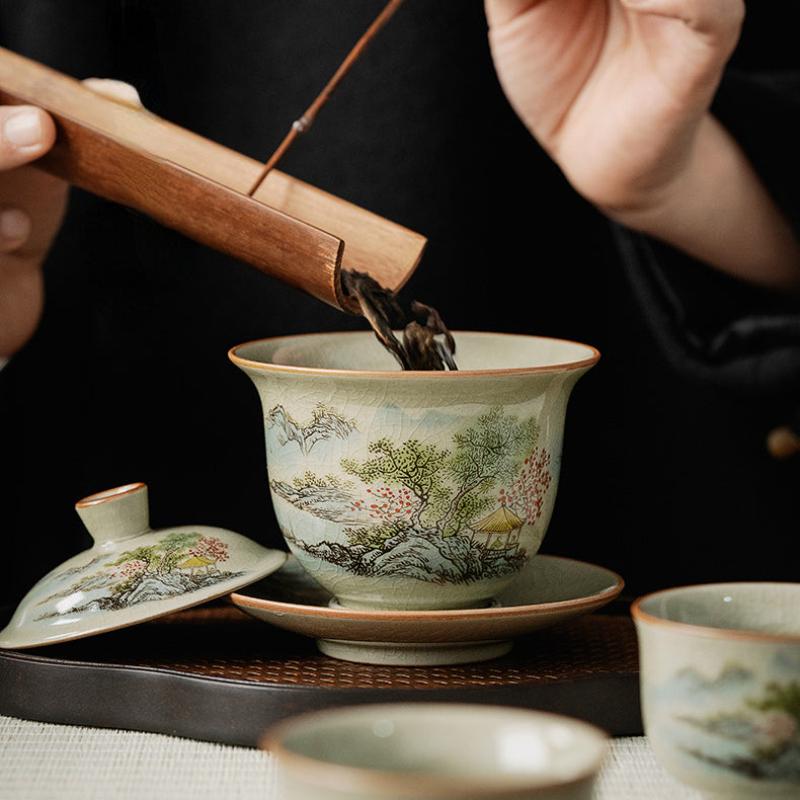 Jindezhen Gu Ru Ice Crackle Ceramic Tea Set [Zhi Ci Qinglu] - YIQIN TEA HOUSE | yiqinteahouse.com | ceramic teapot, fair cup, gaiwan, strainer, tea cup, teaware, teaware set, zhi ci qinglu