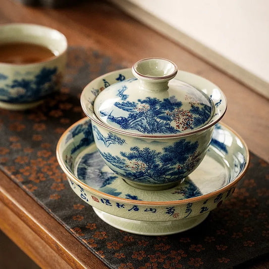 Jindezhen Ice Crackle Ceramic Sancai Gaiwan [Jiangshan Ke Ran Series - Jiangjun] 165ml - YIQIN TEA HOUSE | yiqinteahouse.com | gaiwan, jiangshan keran, teaware