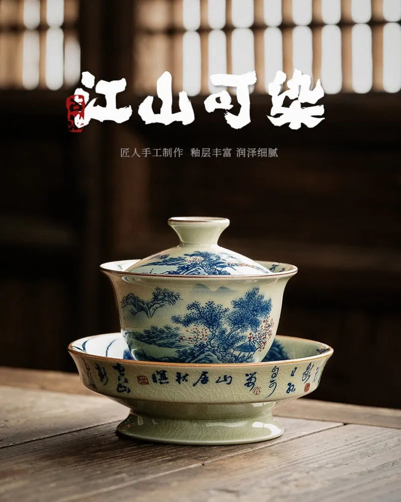 Jindezhen Ice Crackle Ceramic Sancai Gaiwan [Jiangshan Ke Ran Series - Jiangjun] 165ml - YIQIN TEA HOUSE | yiqinteahouse.com | gaiwan, jiangshan keran, teaware