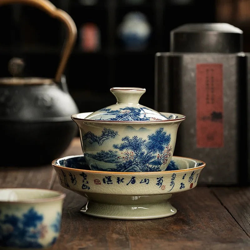 Jindezhen Ice Crackle Ceramic Sancai Gaiwan [Jiangshan Ke Ran Series - Jiangjun] 165ml - YIQIN TEA HOUSE | yiqinteahouse.com | gaiwan, jiangshan keran, teaware