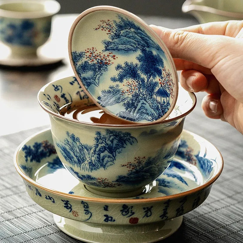 Jindezhen Ice Crackle Ceramic Sancai Gaiwan [Jiangshan Ke Ran Series - Jiangjun] 165ml - YIQIN TEA HOUSE | yiqinteahouse.com | gaiwan, jiangshan keran, teaware