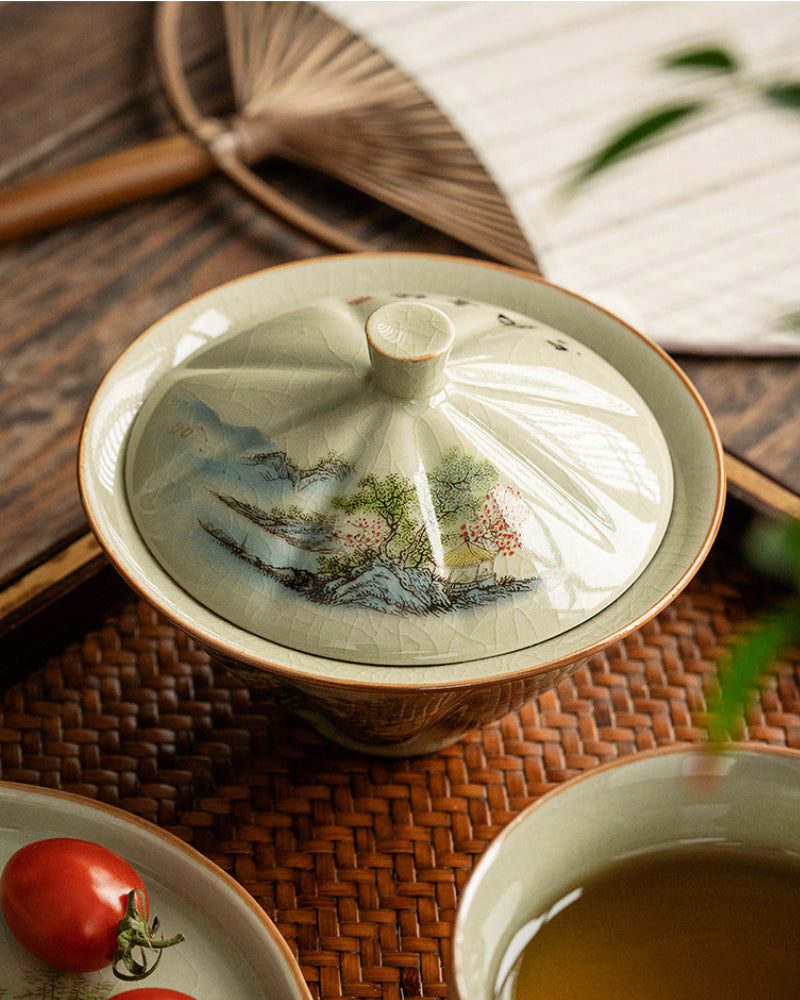 Jindezhen Ice Crackle Sancai Gaiwan [Zhi Ci Qinglu Series - Straw Hat] 130ml - YIQIN TEA HOUSE | yiqinteahouse.com | gaiwan, teaware, zhi ci qinglu