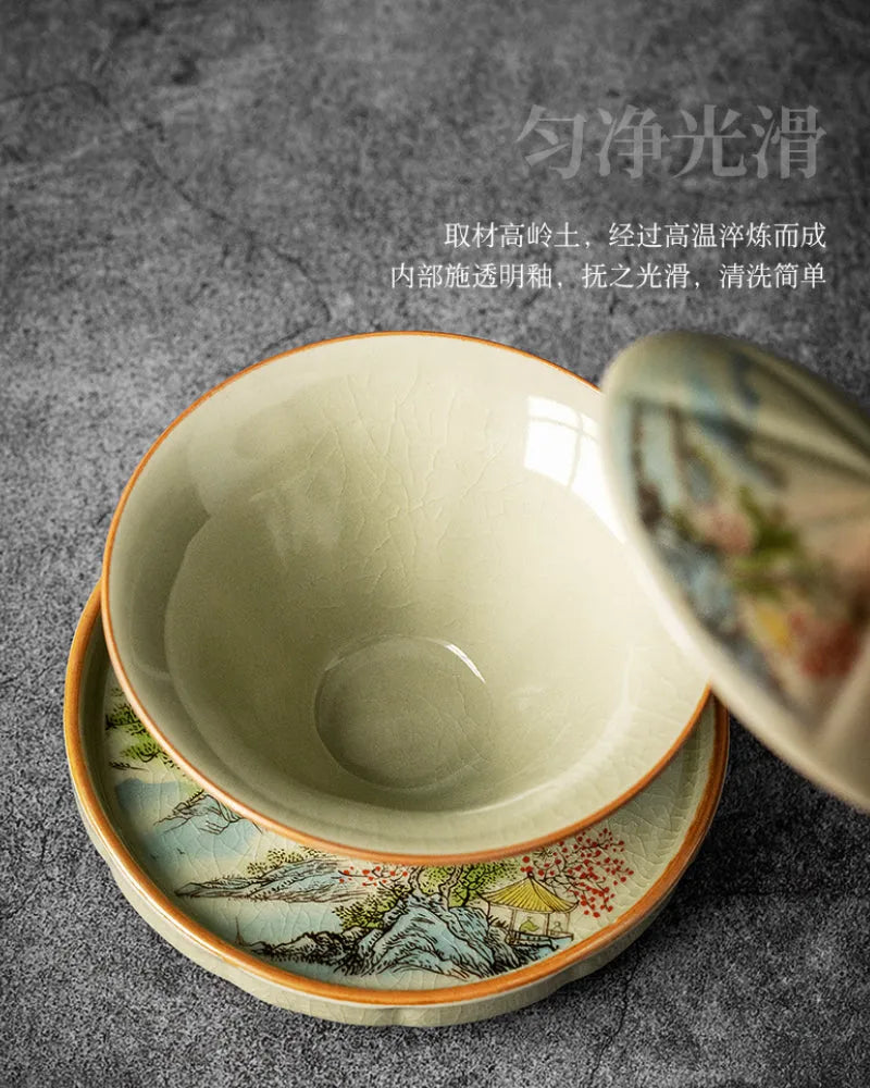 Jindezhen Ice Crackle Sancai Gaiwan [Zhi Ci Qinglu Series - Straw Hat] 130ml - YIQIN TEA HOUSE | yiqinteahouse.com | gaiwan, teaware, zhi ci qinglu