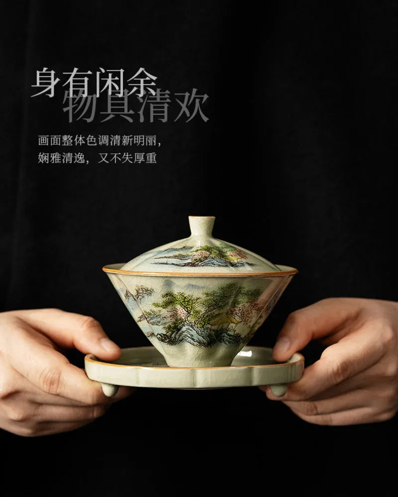 Jindezhen Ice Crackle Sancai Gaiwan [Zhi Ci Qinglu Series - Straw Hat] 130ml - YIQIN TEA HOUSE | yiqinteahouse.com | gaiwan, teaware, zhi ci qinglu