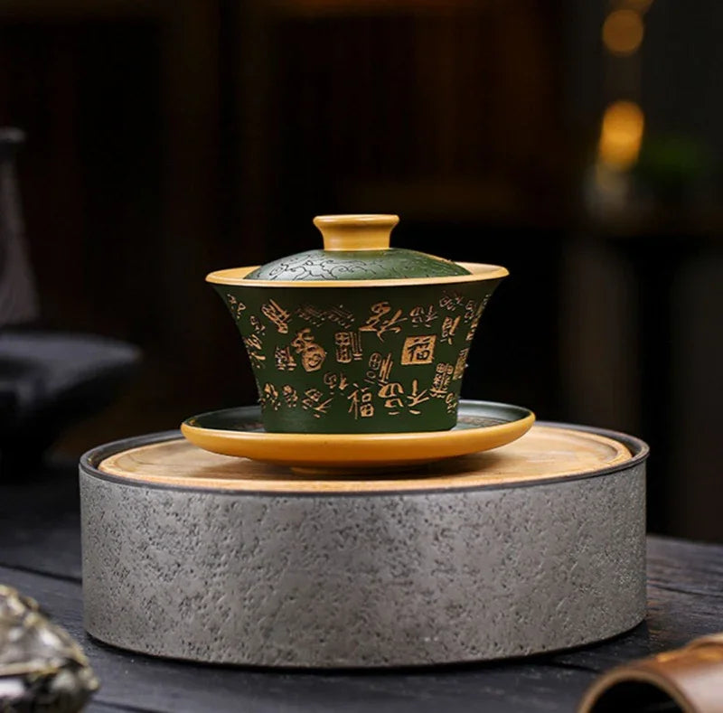 Master Handmade Yixing Zisha Gaiwan [Hundred Blessings] (Huangjin Duan Ni - 150ml)