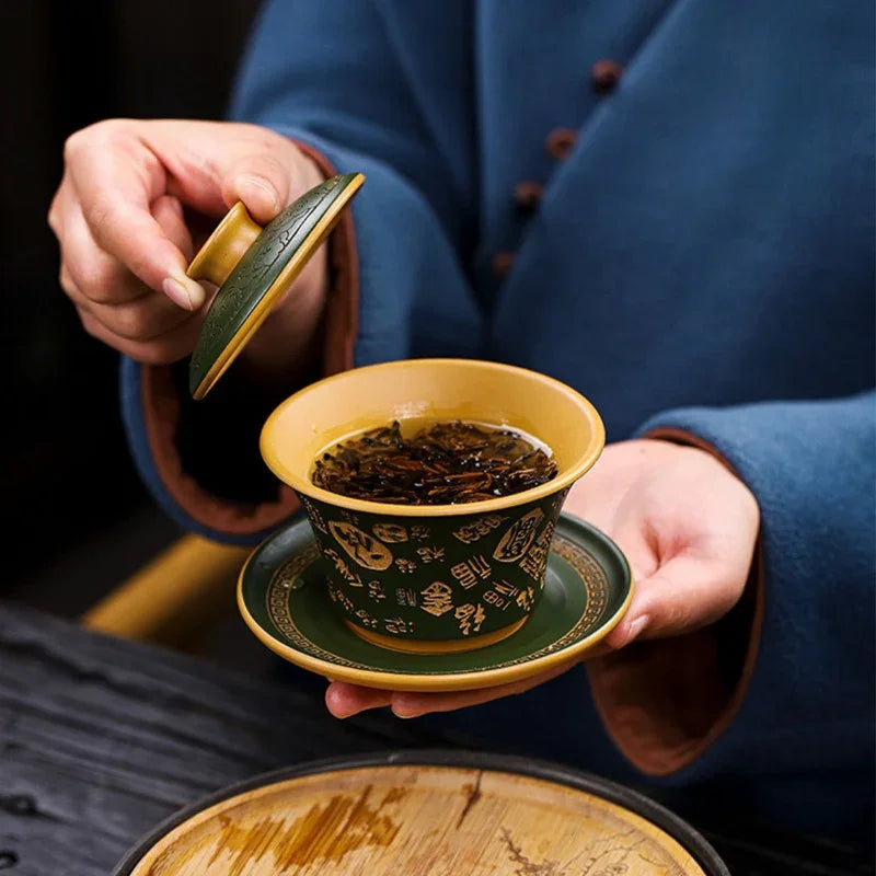 Master Handmade Yixing Zisha Gaiwan [Hundred Blessings] (Huangjin Duan Ni - 150ml)
