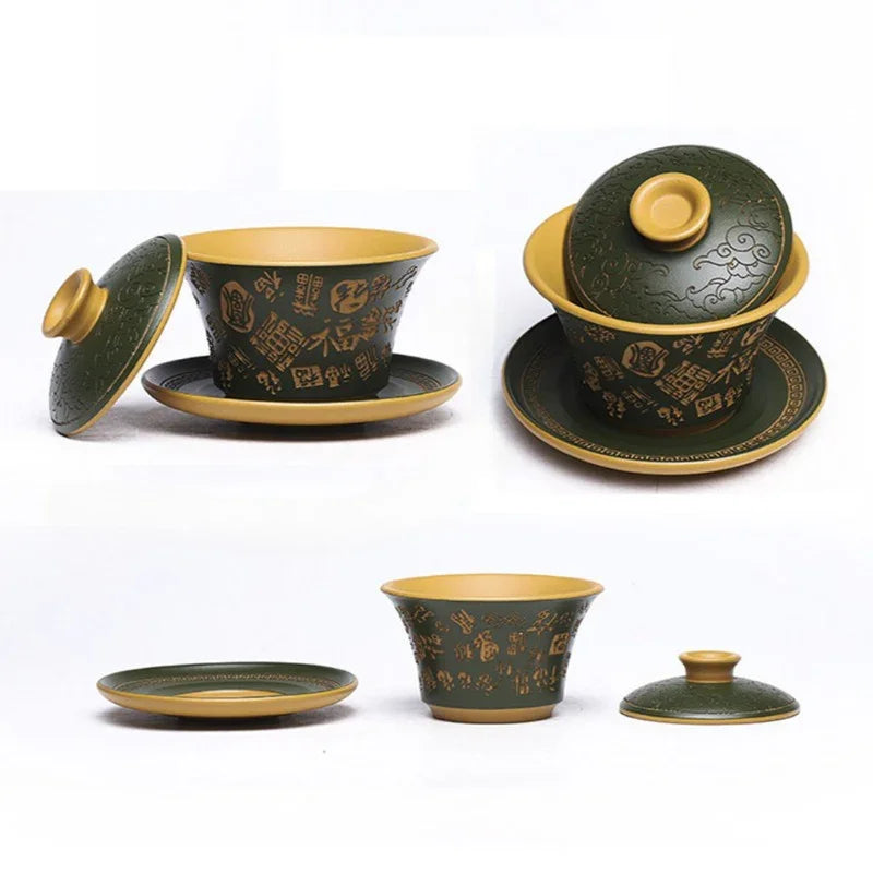 Master Handmade Yixing Zisha Gaiwan [Hundred Blessings] (Huangjin Duan Ni - 150ml)