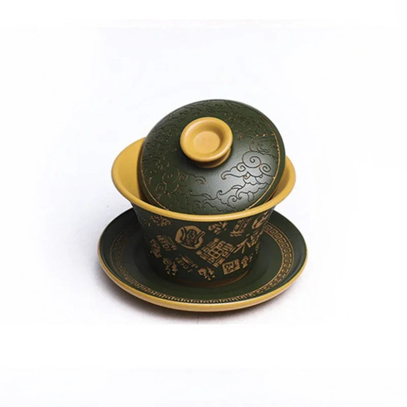 Master Handmade Yixing Zisha Gaiwan [Hundred Blessings] (Huangjin Duan Ni - 150ml)