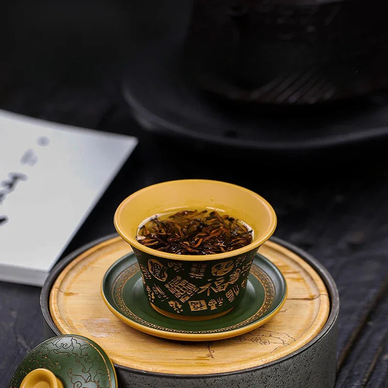 Master Handmade Yixing Zisha Gaiwan [Hundred Blessings] (Huangjin Duan Ni - 150ml)