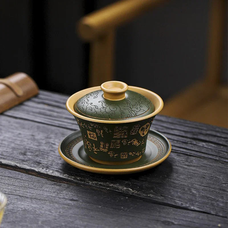 Master Handmade Yixing Zisha Gaiwan [Hundred Blessings] (Huangjin Duan Ni - 150ml)