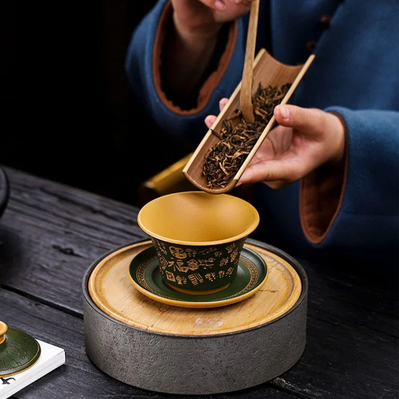 Master Handmade Yixing Zisha Gaiwan [Hundred Blessings] (Huangjin Duan Ni - 150ml)