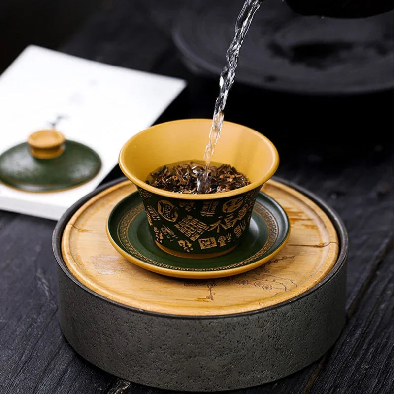 Master Handmade Yixing Zisha Gaiwan [Hundred Blessings] (Huangjin Duan Ni - 150ml)