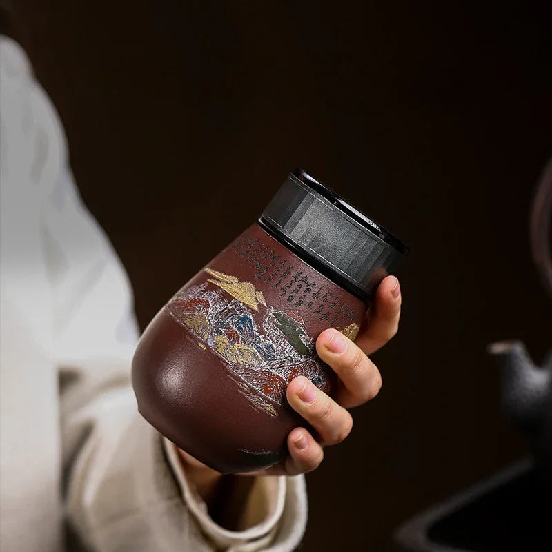 Cawan Teh Perjalanan Yixing Zisha Buatan Tangan Master [Golden Mountain Silver Mountain] (Zi Ni - 400ml)