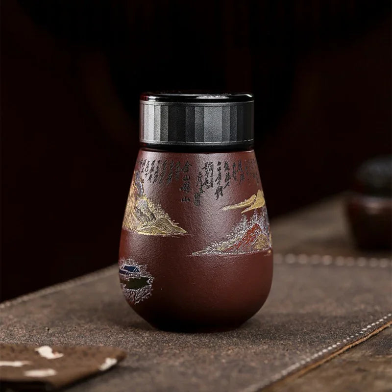 Cawan Teh Perjalanan Yixing Zisha Buatan Tangan Master [Golden Mountain Silver Mountain] (Zi Ni - 400ml)