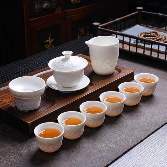 Mutton Fat Jade White Porcelain 9pcs Tea Gift Set [Dragon Relief] - YIQIN TEA HOUSE | yiqinteahouse.com | fair cup, gaiwan, tea cup, teaware, teaware set