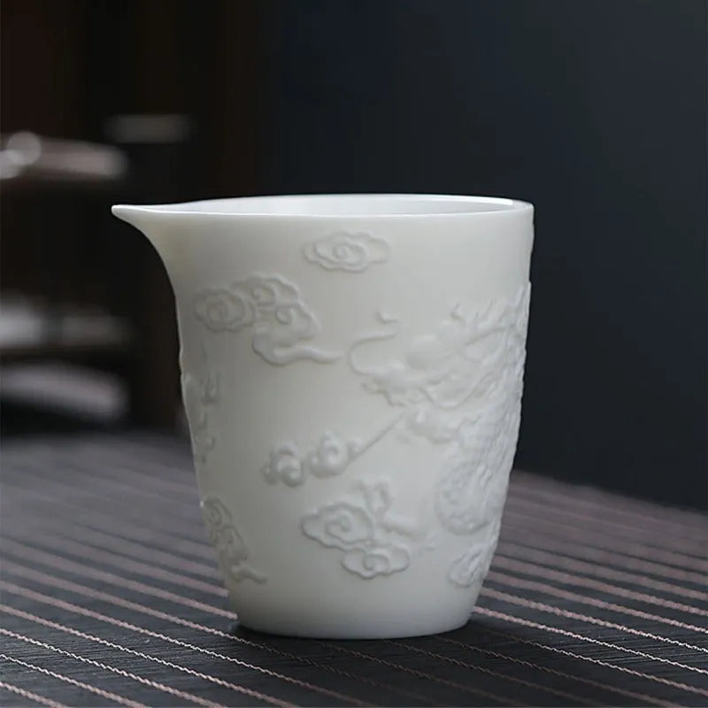 Mutton Fat Jade White Porcelain 9pcs Tea Gift Set [Dragon Relief] - YIQIN TEA HOUSE | yiqinteahouse.com | fair cup, gaiwan, tea cup, teaware, teaware set