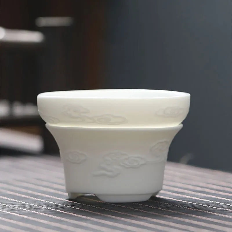 Mutton Fat Jade White Porcelain 9pcs Tea Gift Set [Dragon Relief] - YIQIN TEA HOUSE | yiqinteahouse.com | fair cup, gaiwan, tea cup, teaware, teaware set