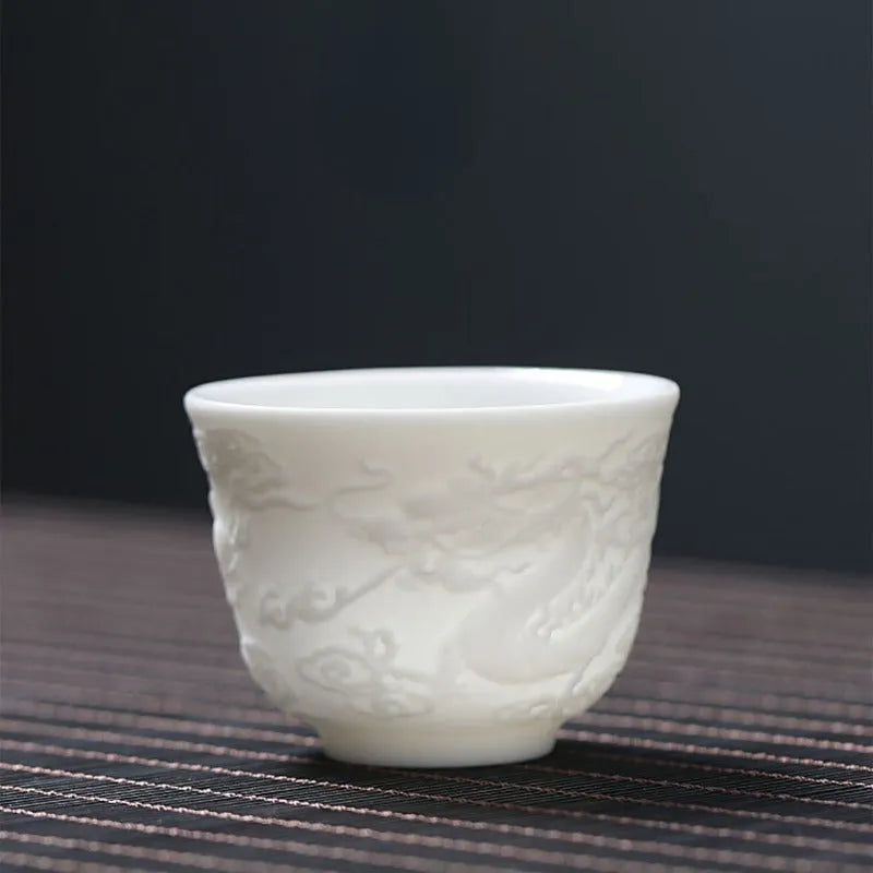 Mutton Fat Jade White Porcelain 9pcs Tea Gift Set [Dragon Relief] - YIQIN TEA HOUSE | yiqinteahouse.com | fair cup, gaiwan, tea cup, teaware, teaware set