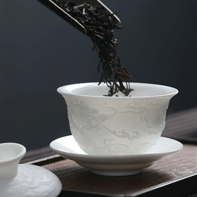 Mutton Fat Jade White Porcelain 9pcs Tea Gift Set [Dragon Relief] - YIQIN TEA HOUSE | yiqinteahouse.com | fair cup, gaiwan, tea cup, teaware, teaware set