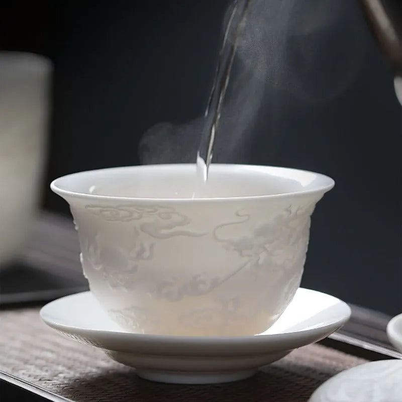 Mutton Fat Jade White Porcelain 9pcs Tea Gift Set [Dragon Relief] - YIQIN TEA HOUSE | yiqinteahouse.com | fair cup, gaiwan, tea cup, teaware, teaware set