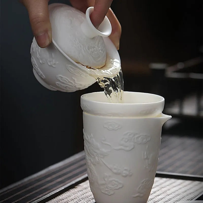 Mutton Fat Jade White Porcelain 9pcs Tea Gift Set [Dragon Relief] - YIQIN TEA HOUSE | yiqinteahouse.com | fair cup, gaiwan, tea cup, teaware, teaware set