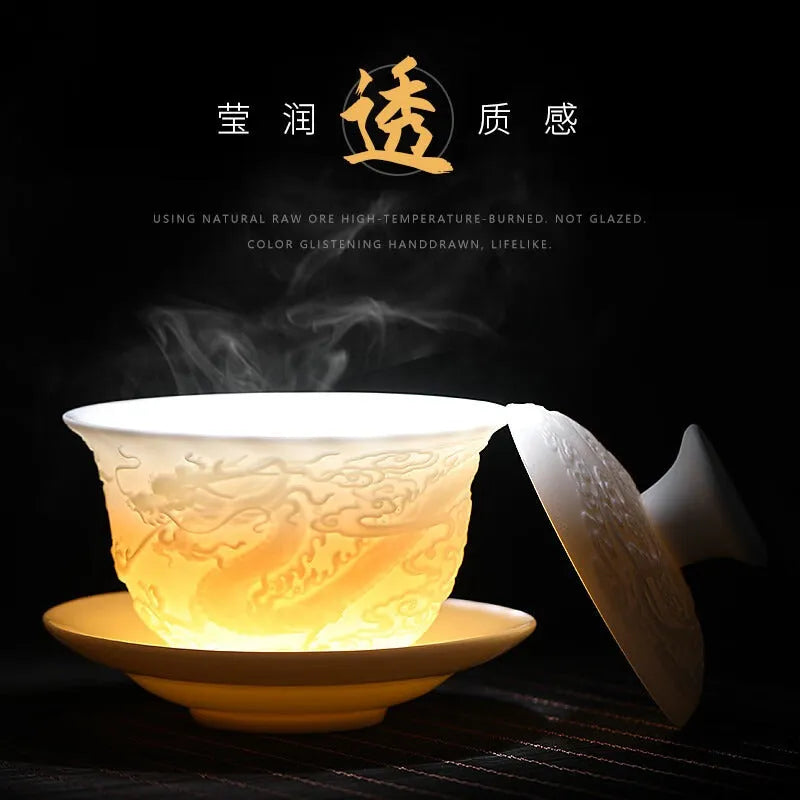 Mutton Fat Jade White Porcelain 9pcs Tea Gift Set [Dragon Relief] - YIQIN TEA HOUSE | yiqinteahouse.com | fair cup, gaiwan, tea cup, teaware, teaware set