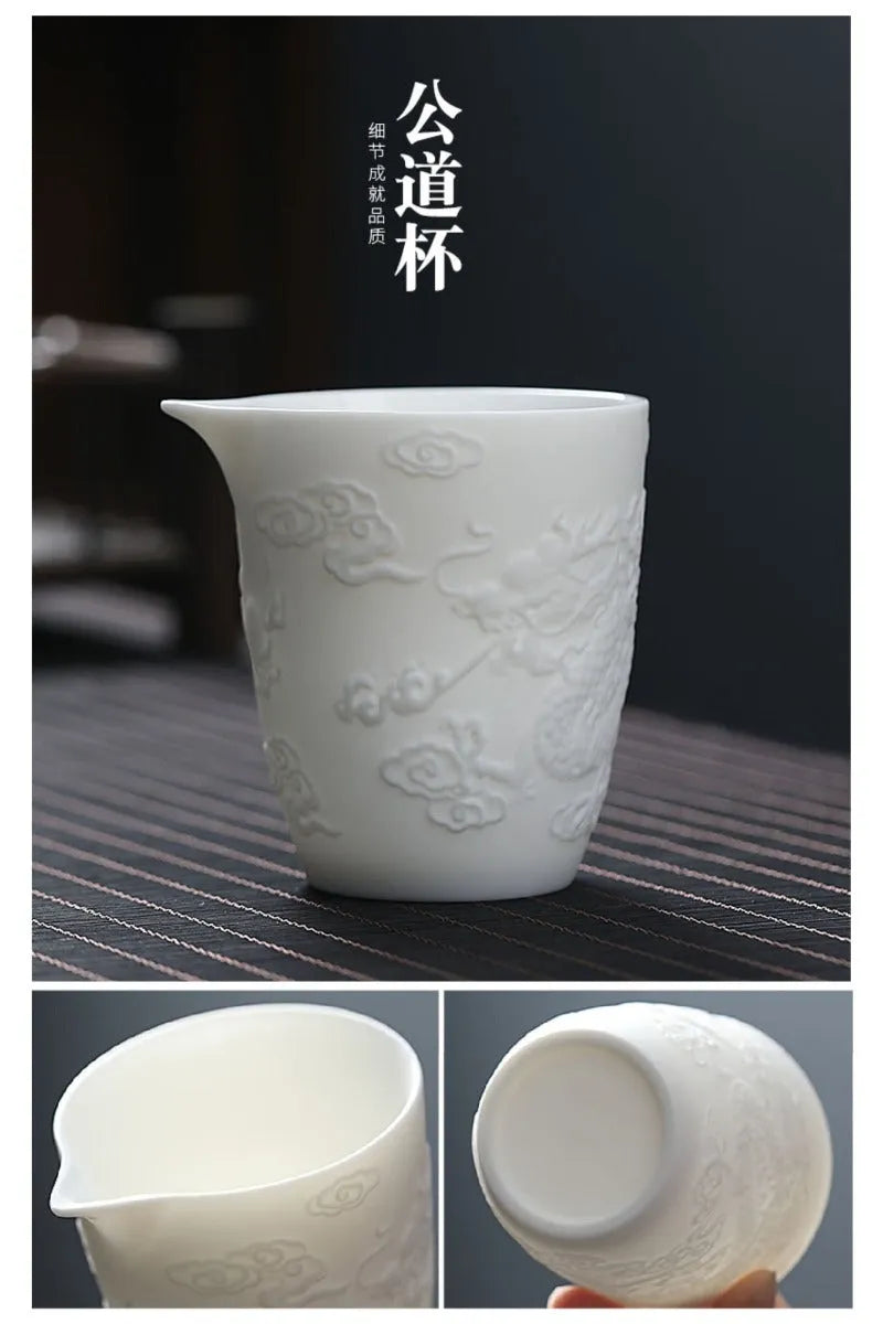 Mutton Fat Jade White Porcelain 9pcs Tea Gift Set [Dragon Relief] - YIQIN TEA HOUSE | yiqinteahouse.com | fair cup, gaiwan, tea cup, teaware, teaware set