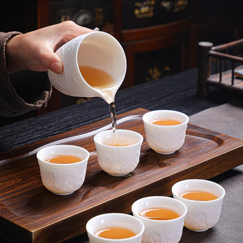 Mutton Fat Jade White Porcelain 9pcs Tea Gift Set [Dragon Relief] - YIQIN TEA HOUSE | yiqinteahouse.com | fair cup, gaiwan, tea cup, teaware, teaware set