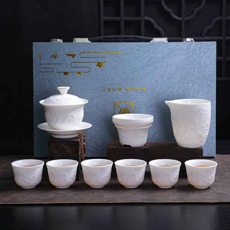 Mutton Fat Jade White Porcelain 9pcs Tea Gift Set [Dragon Relief] - YIQIN TEA HOUSE | yiqinteahouse.com | fair cup, gaiwan, tea cup, teaware, teaware set