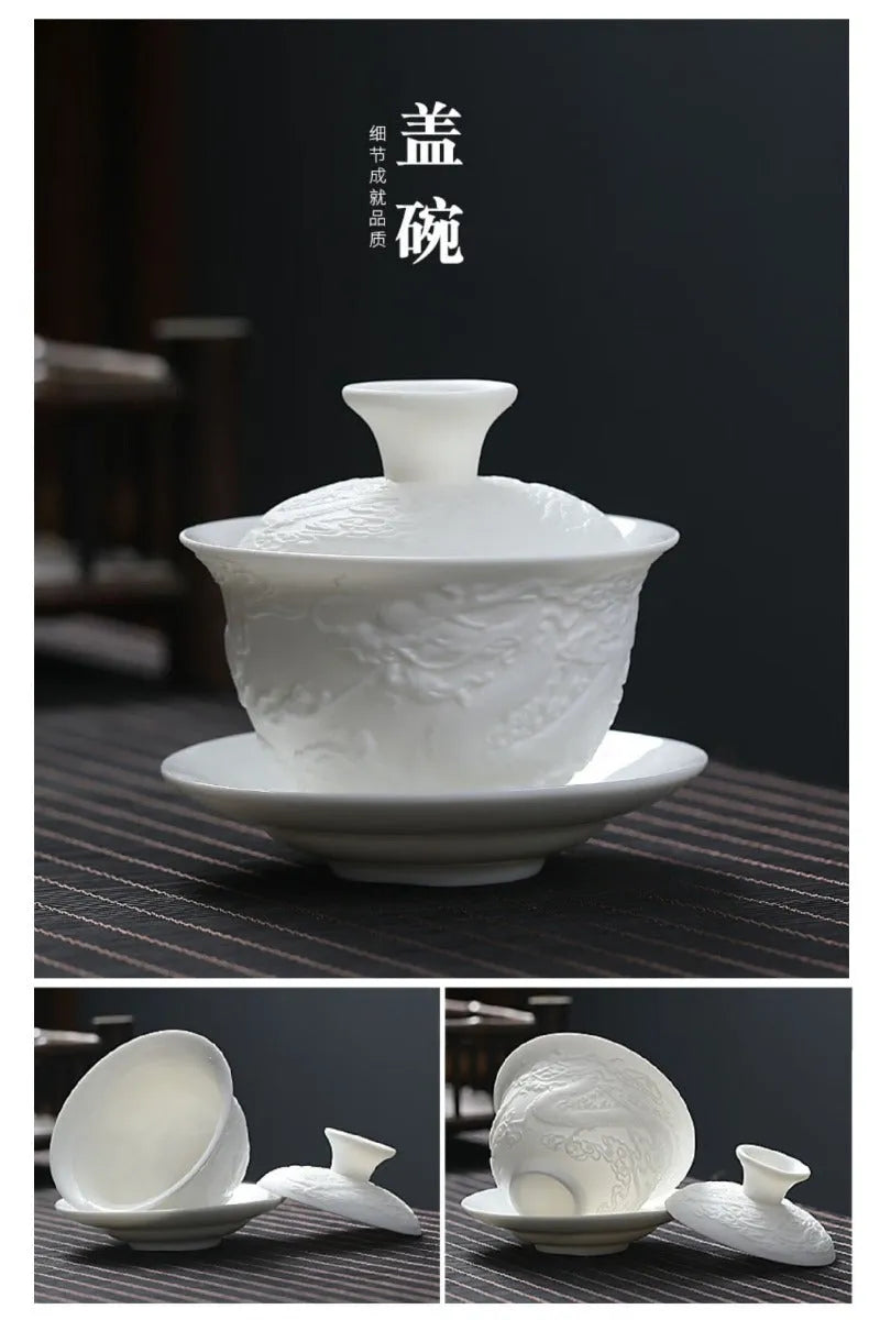 Mutton Fat Jade White Porcelain 9pcs Tea Gift Set [Dragon Relief] - YIQIN TEA HOUSE | yiqinteahouse.com | fair cup, gaiwan, tea cup, teaware, teaware set