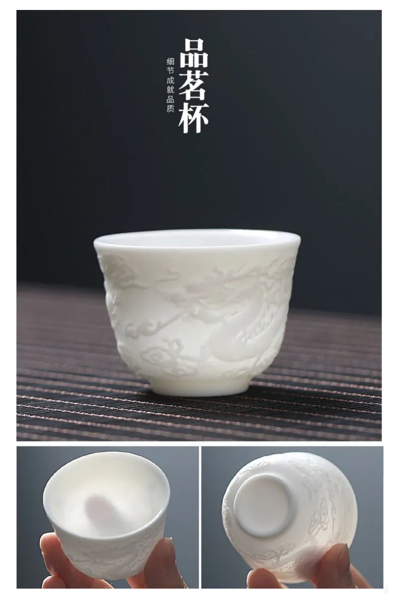 Mutton Fat Jade White Porcelain 9pcs Tea Gift Set [Dragon Relief] - YIQIN TEA HOUSE | yiqinteahouse.com | fair cup, gaiwan, tea cup, teaware, teaware set