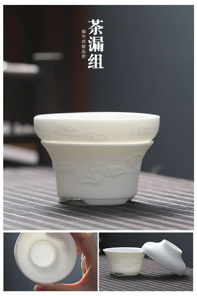 Mutton Fat Jade White Porcelain 9pcs Tea Gift Set [Dragon Relief] - YIQIN TEA HOUSE | yiqinteahouse.com | fair cup, gaiwan, tea cup, teaware, teaware set