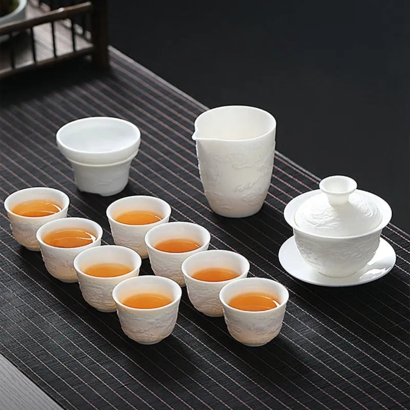 Mutton Fat Jade White Porcelain 9pcs Tea Gift Set [Dragon Relief] - YIQIN TEA HOUSE | yiqinteahouse.com | fair cup, gaiwan, tea cup, teaware, teaware set