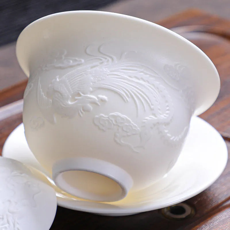 Mutton Fat Jade White Porcelain 9pcs Tea Gift Set [Dragon Relief] - YIQIN TEA HOUSE | yiqinteahouse.com | fair cup, gaiwan, tea cup, teaware, teaware set