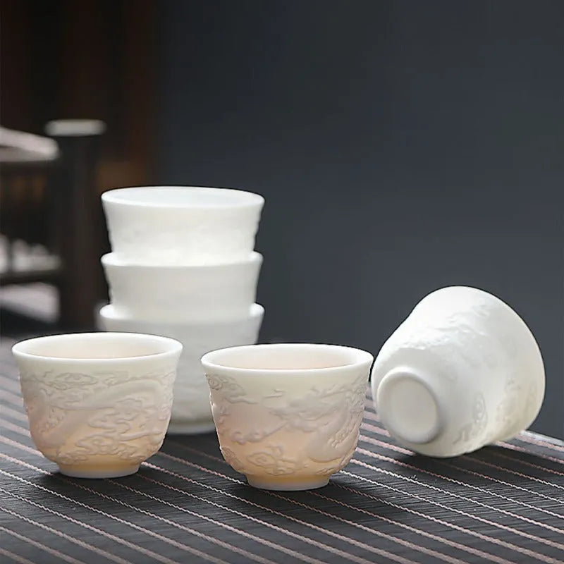 Mutton Fat Jade White Porcelain 9pcs Tea Gift Set [Dragon Relief] - YIQIN TEA HOUSE | yiqinteahouse.com | fair cup, gaiwan, tea cup, teaware, teaware set