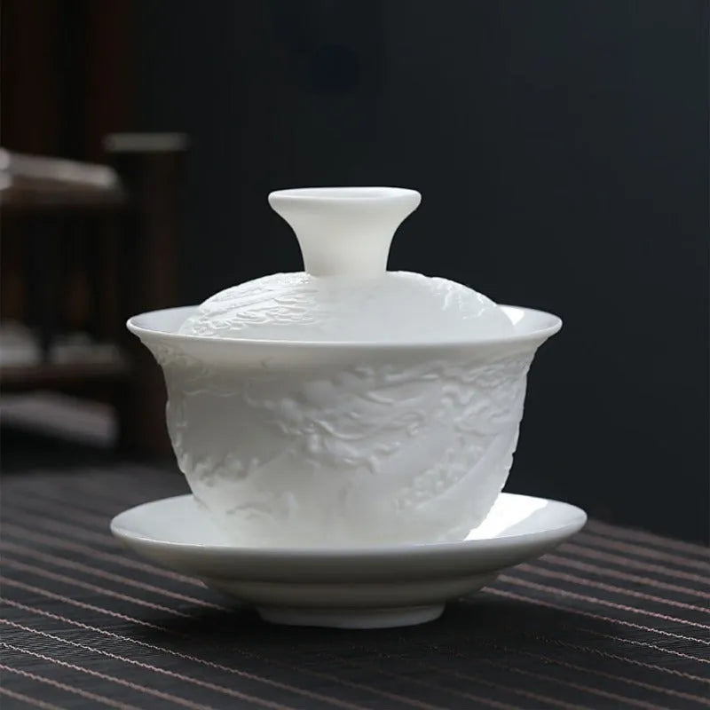 Mutton Fat Jade White Porcelain 9pcs Tea Gift Set [Dragon Relief] - YIQIN TEA HOUSE | yiqinteahouse.com | fair cup, gaiwan, tea cup, teaware, teaware set