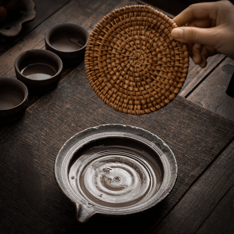 Retro Burn Coarse Pottery Storage Tea Tray (with Rattan Mat) - YIQIN TEA HOUSE | yiqinteahouse.com | tea tray, teaware