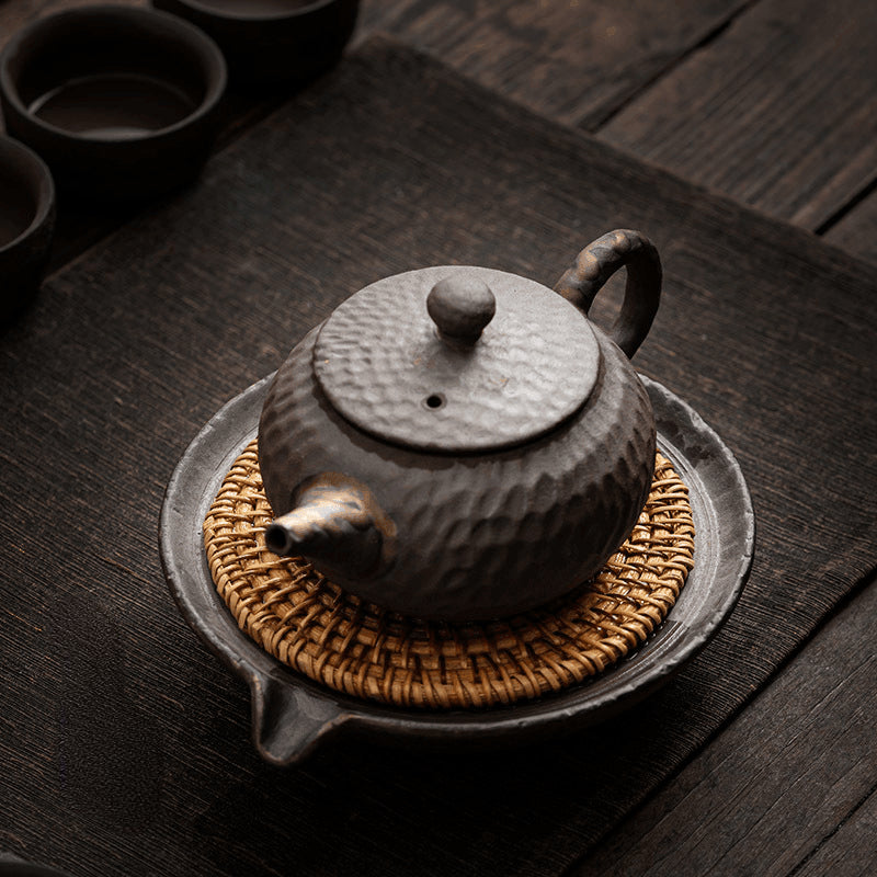 Retro Burn Coarse Pottery Storage Tea Tray (with Rattan Mat) - YIQIN TEA HOUSE | yiqinteahouse.com | tea tray, teaware