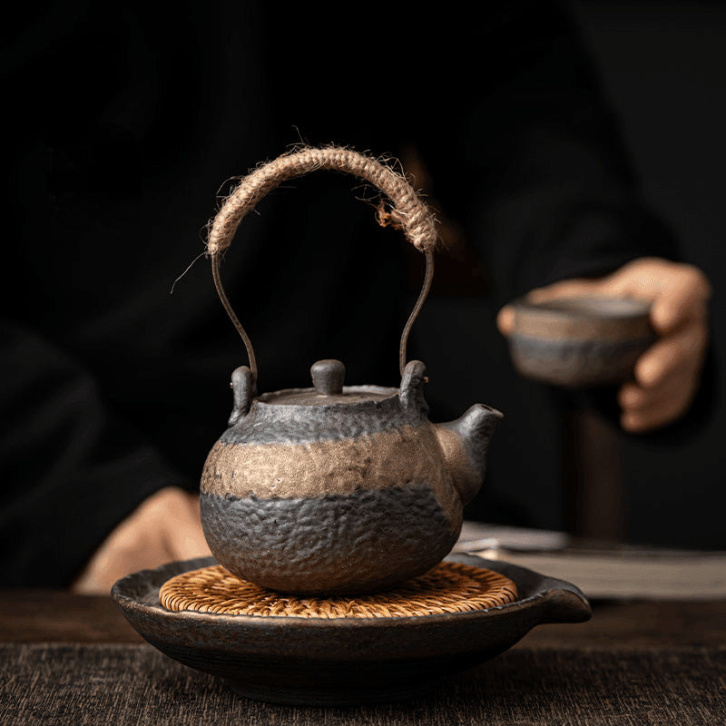 Retro Burn Coarse Pottery Storage Tea Tray (with Rattan Mat) - YIQIN TEA HOUSE | yiqinteahouse.com | tea tray, teaware