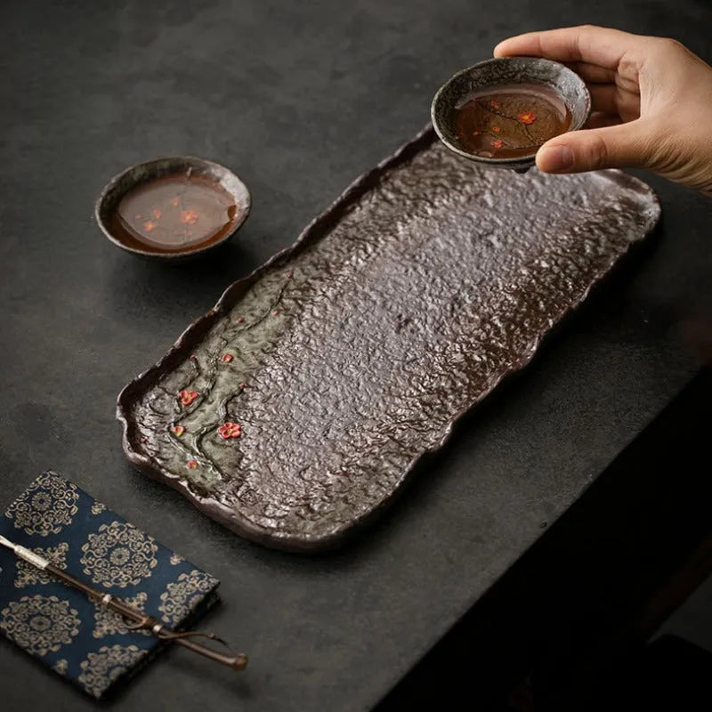 Retro Ceramic [Embossed Plum Blossom] Tea Tray - YIQIN TEA HOUSE | yiqinteahouse.com | tea tray, teaware