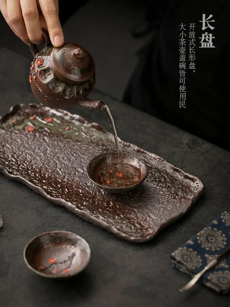 Retro Ceramic [Embossed Plum Blossom] Tea Tray - YIQIN TEA HOUSE | yiqinteahouse.com | tea tray, teaware