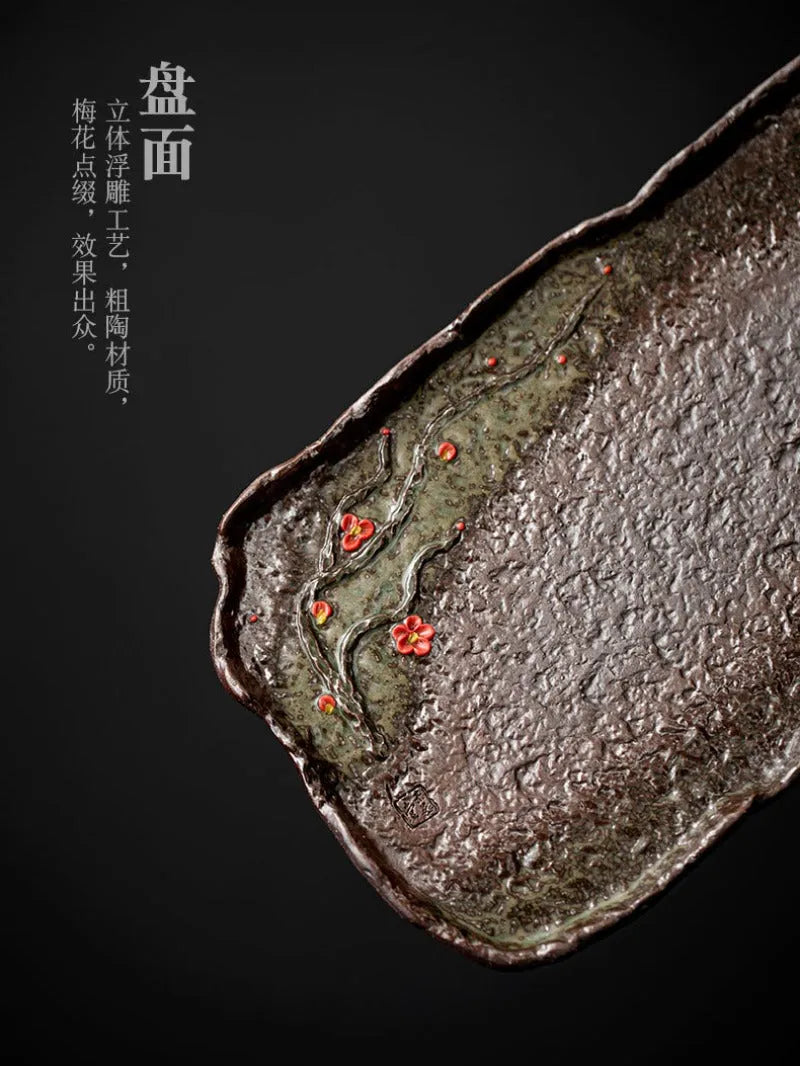 Retro Ceramic [Embossed Plum Blossom] Tea Tray - YIQIN TEA HOUSE | yiqinteahouse.com | tea tray, teaware