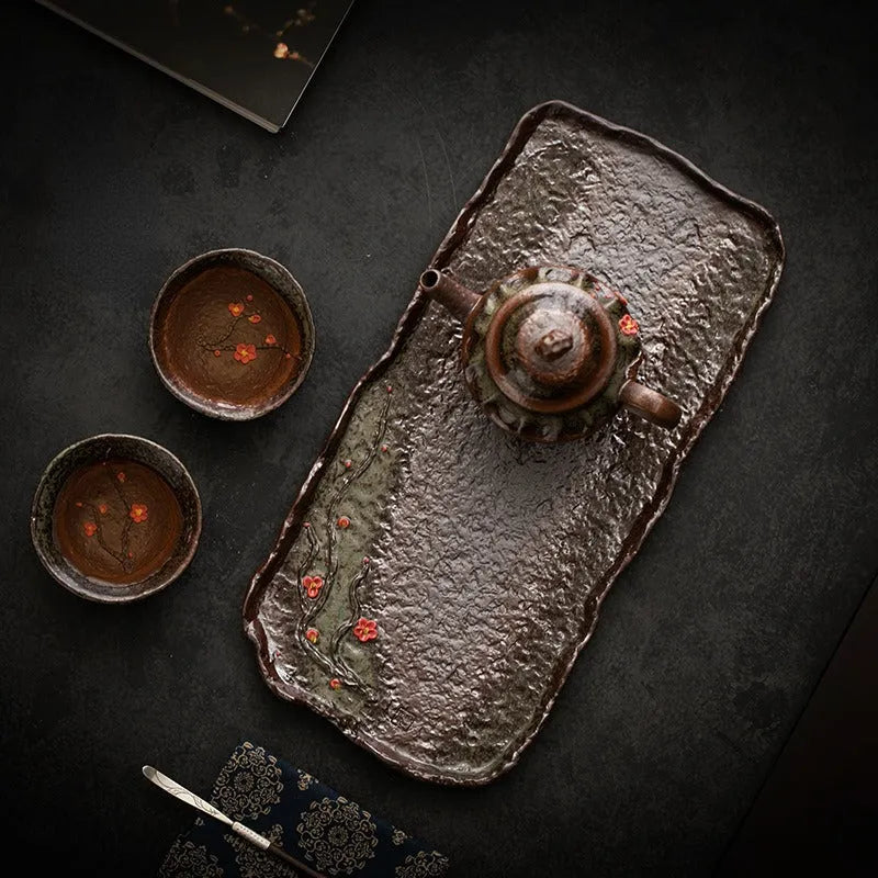 Retro Ceramic [Embossed Plum Blossom] Tea Tray - YIQIN TEA HOUSE | yiqinteahouse.com | tea tray, teaware