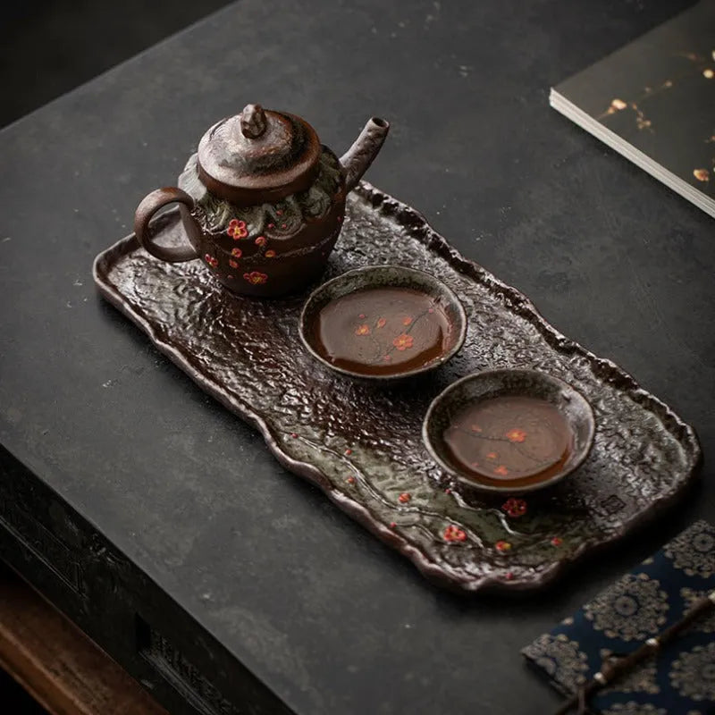 Retro Ceramic [Embossed Plum Blossom] Tea Tray - YIQIN TEA HOUSE | yiqinteahouse.com | tea tray, teaware