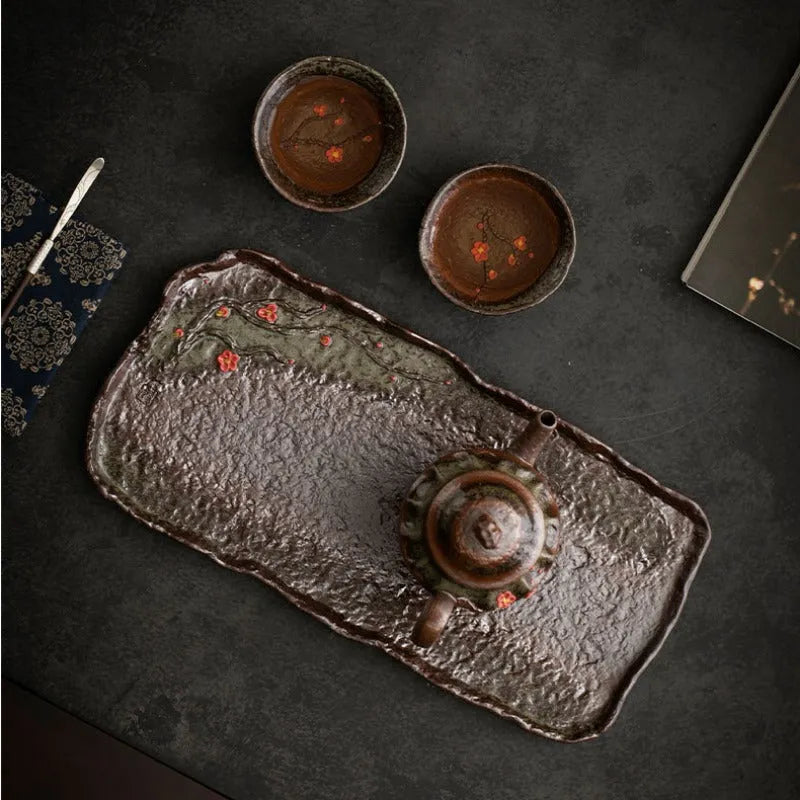 Retro Ceramic [Embossed Plum Blossom] Tea Tray - YIQIN TEA HOUSE | yiqinteahouse.com | tea tray, teaware