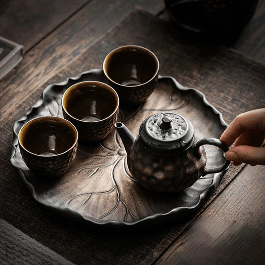 Retro Gilded Ceramic [Lotus Leaf] Tea Tray - YIQIN TEA HOUSE | yiqinteahouse.com | retro gilded, tea tray, teaware