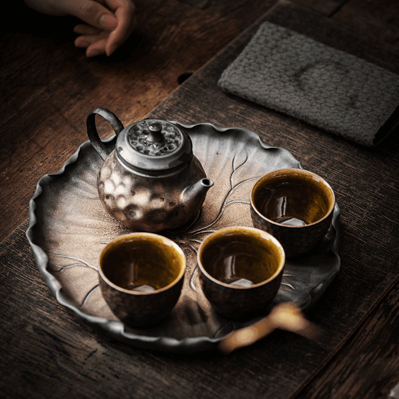 Retro Gilded Ceramic [Lotus Leaf] Tea Tray - YIQIN TEA HOUSE | yiqinteahouse.com | retro gilded, tea tray, teaware