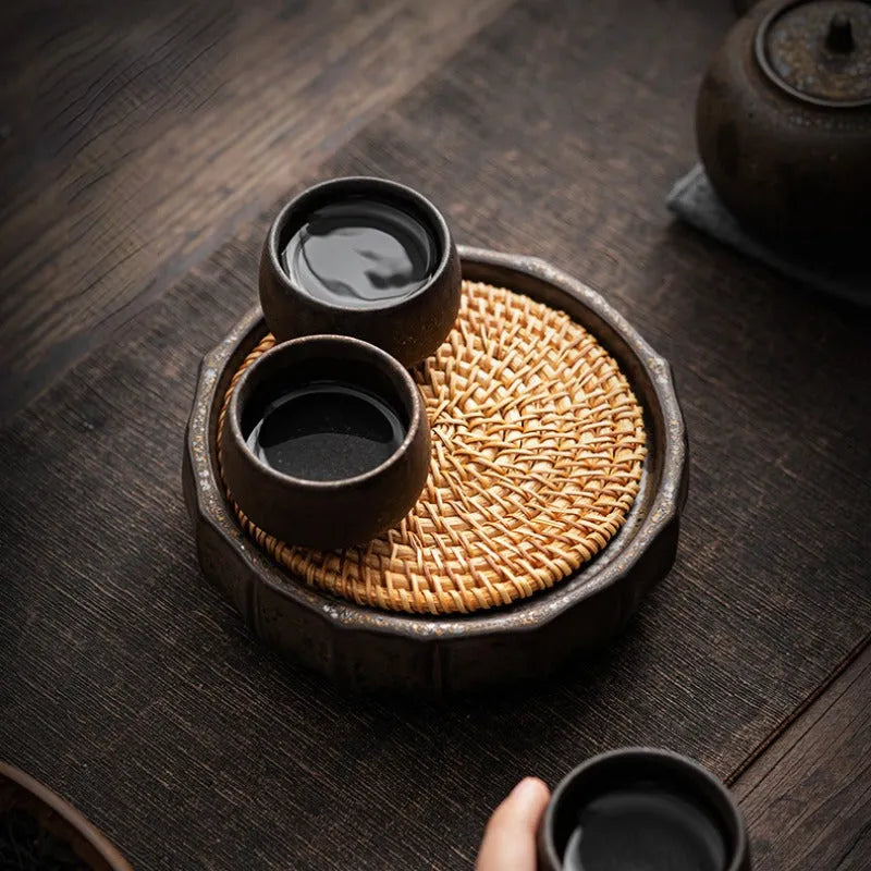 Retro Gilded Round Storage Ceramic Tea Tray (with Rattan Mat) - YIQIN TEA HOUSE | yiqinteahouse.com | retro gilded, tea tray, teaware